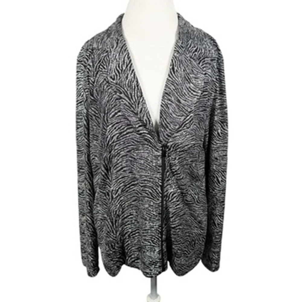 Chicos Black Silver Animal Print Moto Blazer Jacket Artsy Womens size 3 = XL